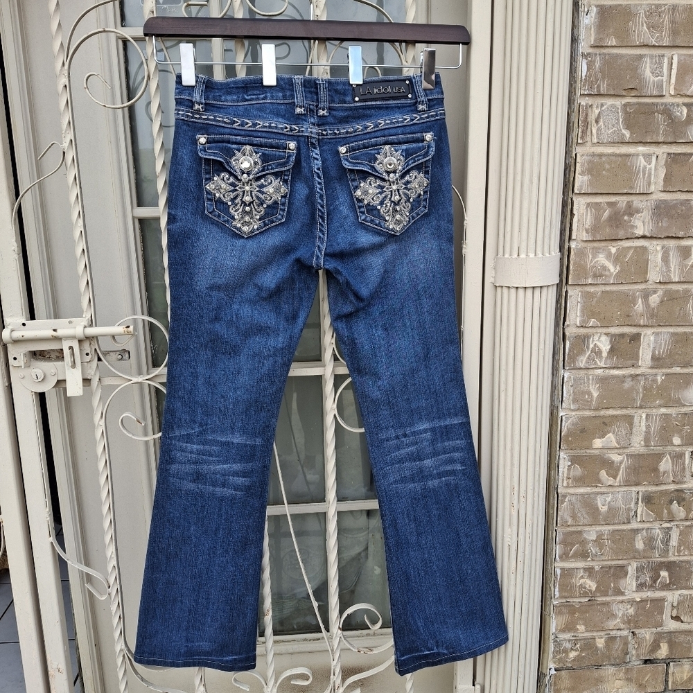 LA Idol USA Embellished Denim Stretch Blue Bootleg Jeans    Size 11 (W33 L34) - Picture 8 of 16